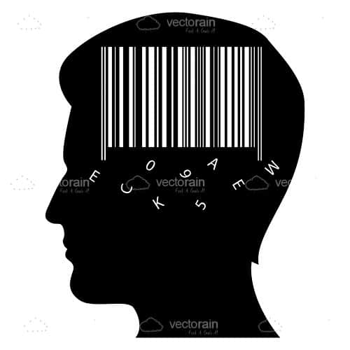 Silhouette of Man’s Head with Barcode and Letters